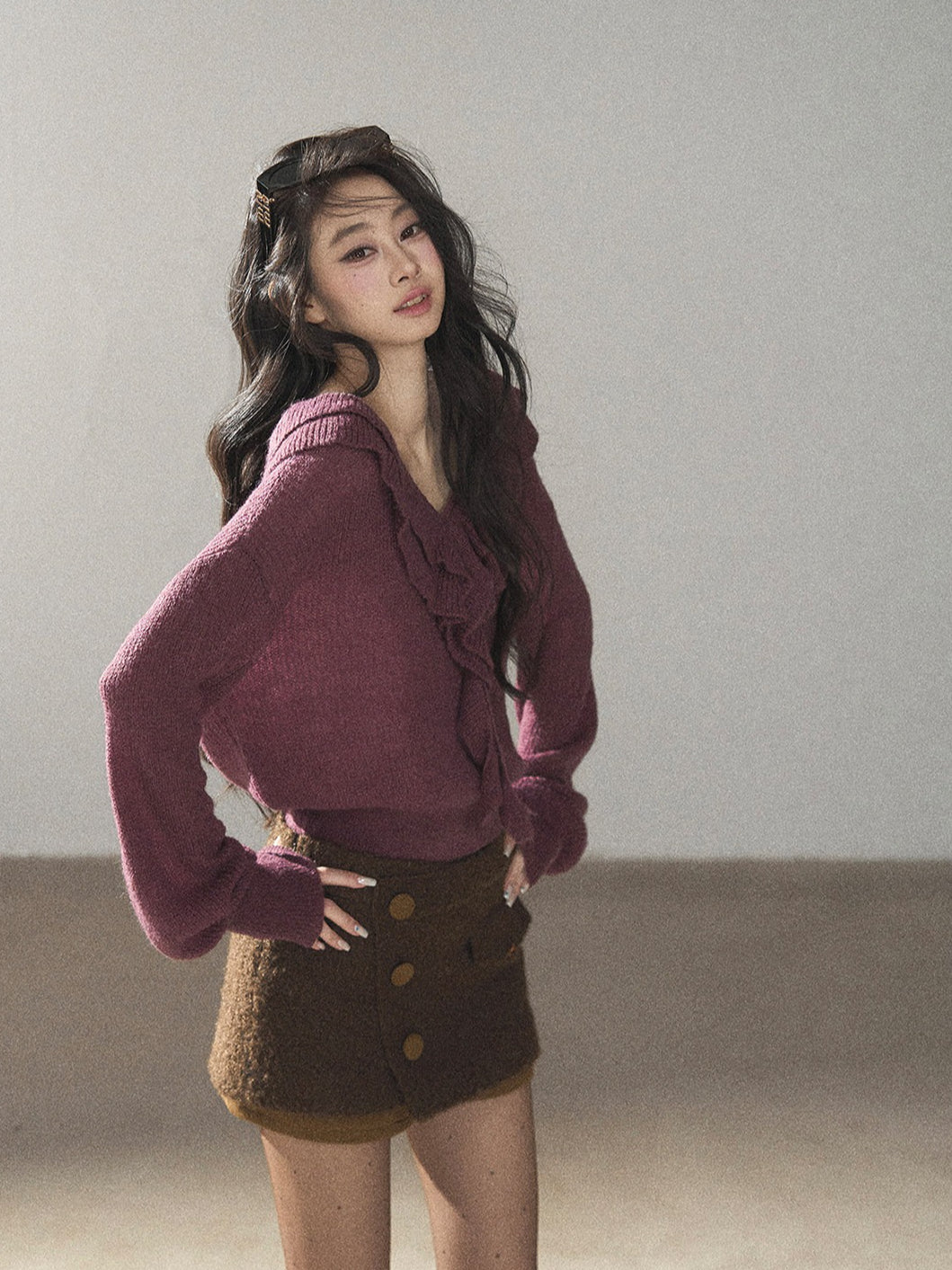 AOMALM - "A Softer Breath" Midnight Purple Ruffle V-Neck Sweater