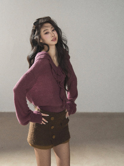 AOMALM - "A Softer Breath" Midnight Purple Ruffle V-Neck Sweater