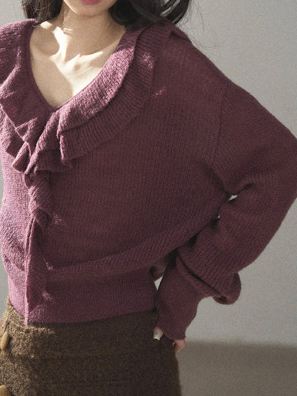 AOMALM - "A Softer Breath" Midnight Purple Ruffle V-Neck Sweater