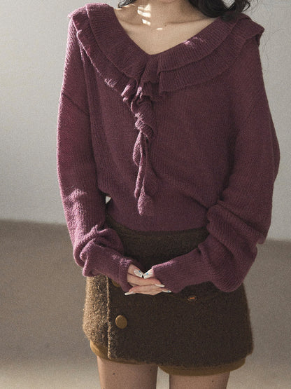 AOMALM - "A Softer Breath" Midnight Purple Ruffle V-Neck Sweater