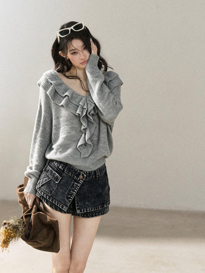 AOMALM - "A Softer Breath" Pearl Gray Ruffle V-Neck Sweater
