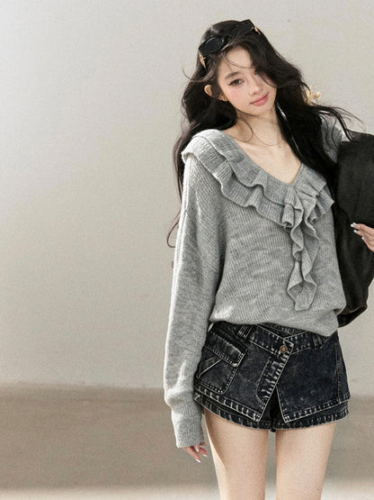 AOMALM - "A Softer Breath" Pearl Gray Ruffle V-Neck Sweater