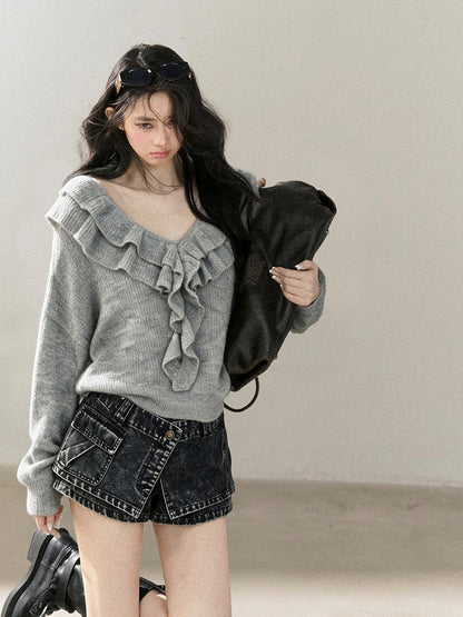 AOMALM - "A Softer Breath" Pearl Gray Ruffle V-Neck Sweater