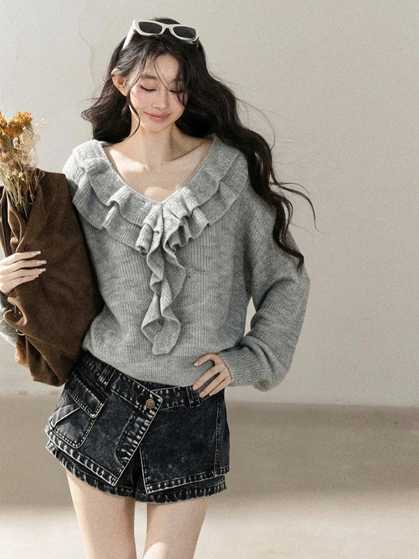 AOMALM - "A Softer Breath" Pearl Gray Ruffle V-Neck Sweater