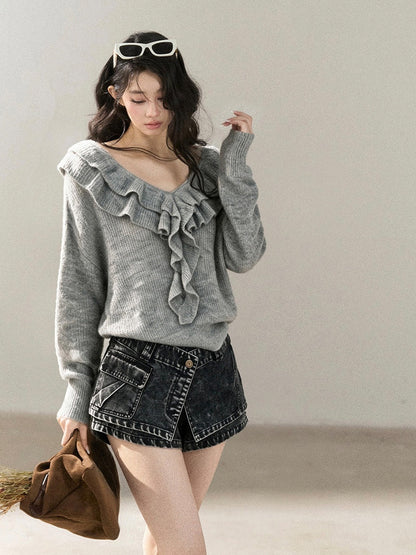 AOMALM - "A Softer Breath" Pearl Gray Ruffle V-Neck Sweater
