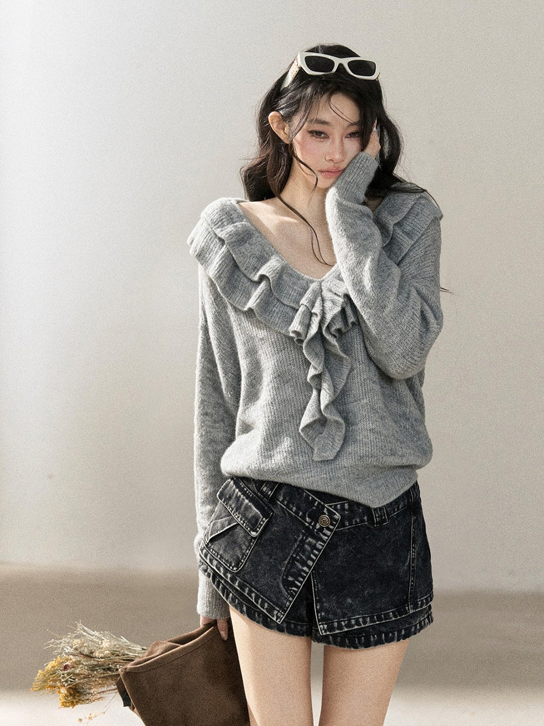 AOMALM - "A Softer Breath" Pearl Gray Ruffle V-Neck Sweater