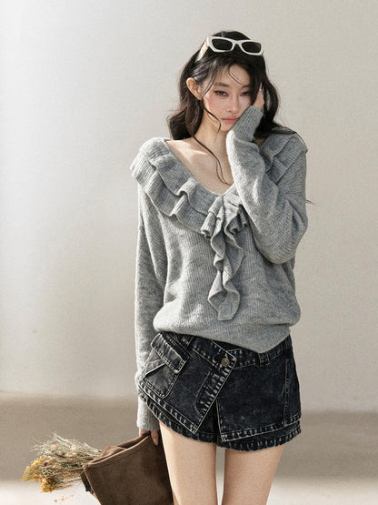 AOMALM - "A Softer Breath" Pearl Gray Ruffle V-Neck Sweater