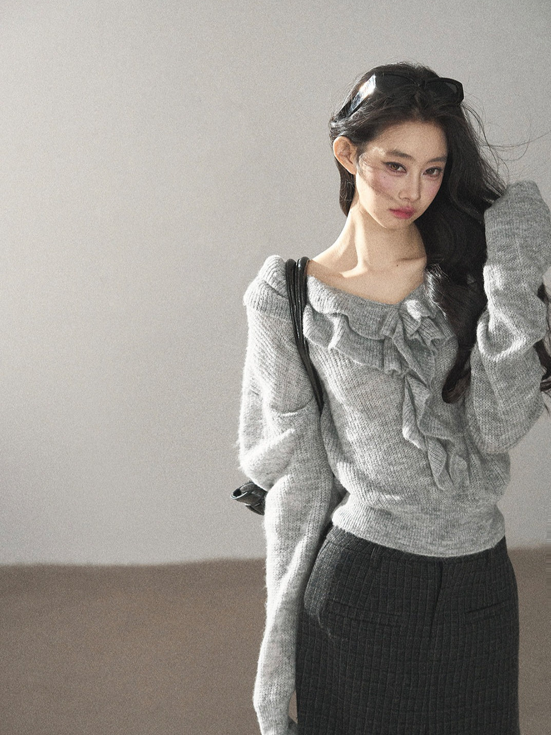 AOMALM - "A Softer Breath" Pearl Gray Ruffle V-Neck Sweater