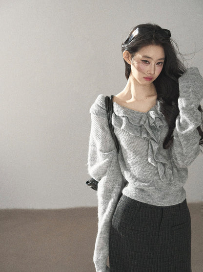 AOMALM - "A Softer Breath" Pearl Gray Ruffle V-Neck Sweater