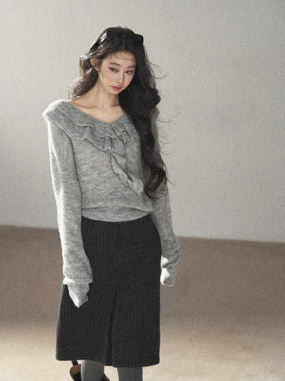 AOMALM - "A Softer Breath" Pearl Gray Ruffle V-Neck Sweater