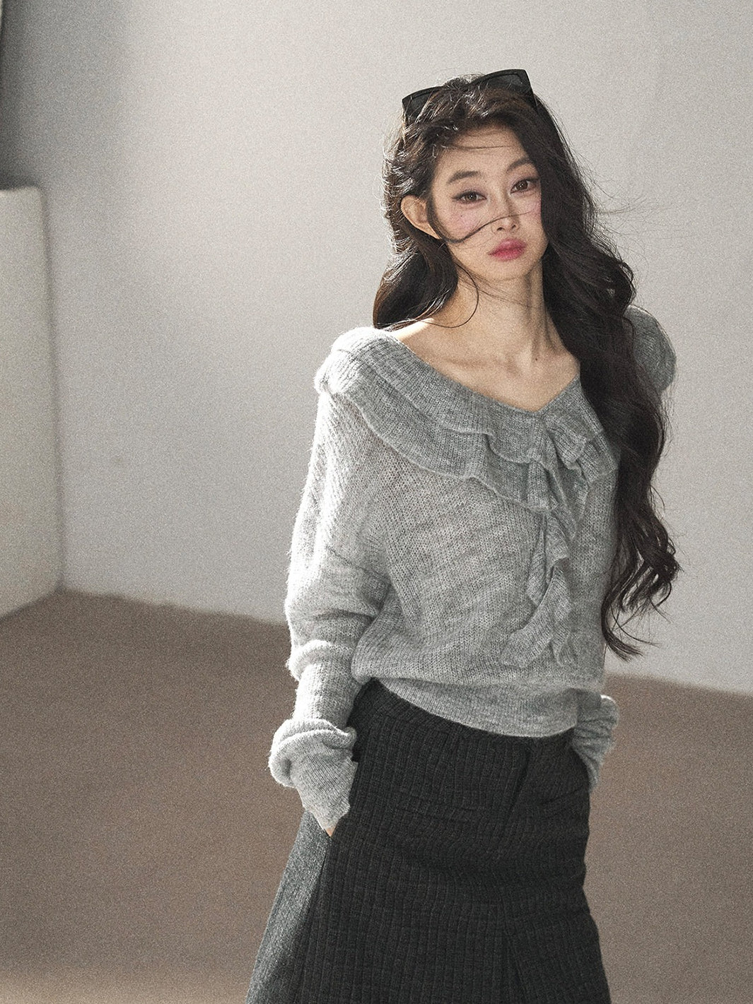 AOMALM - "A Softer Breath" Pearl Gray Ruffle V-Neck Sweater