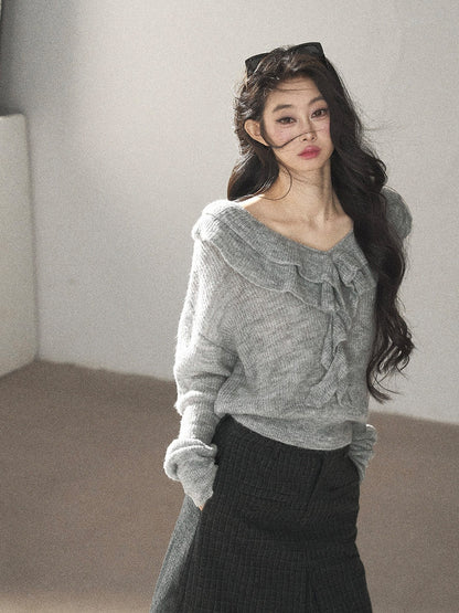 AOMALM - "A Softer Breath" Pearl Gray Ruffle V-Neck Sweater