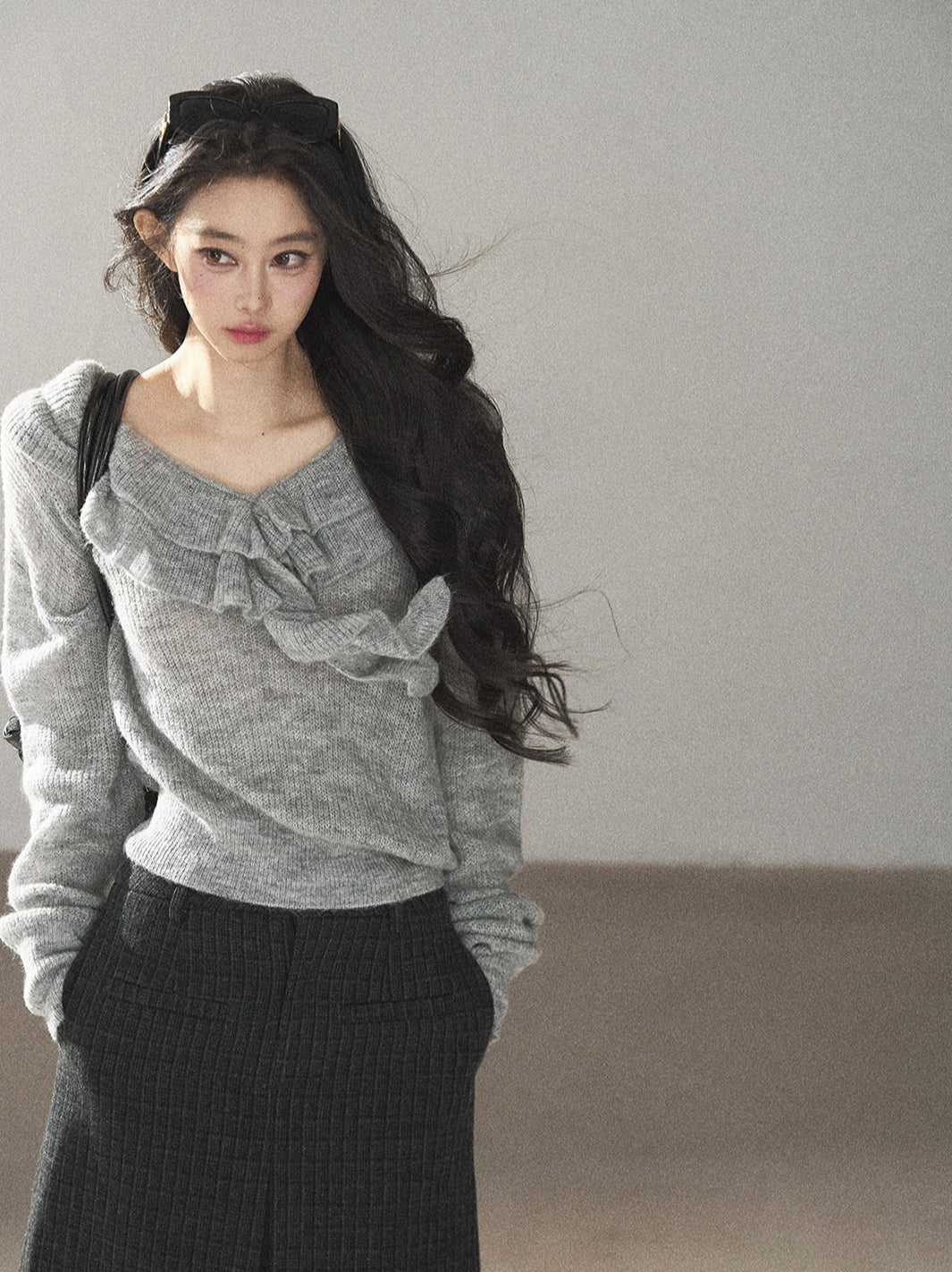 AOMALM - "A Softer Breath" Pearl Gray Ruffle V-Neck Sweater