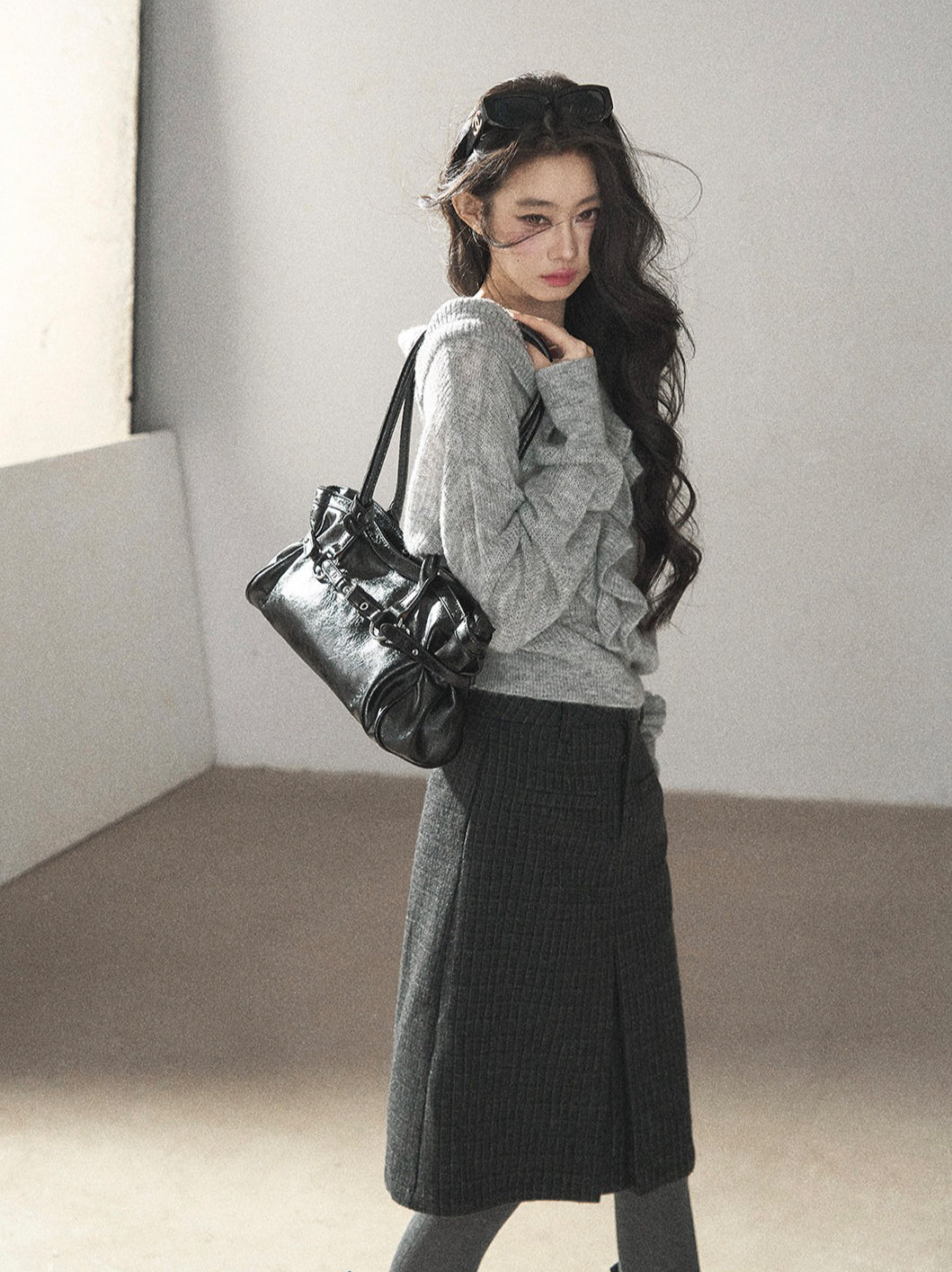 AOMALM - "A Softer Breath" Pearl Gray Ruffle V-Neck Sweater