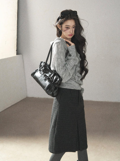 AOMALM - "A Softer Breath" Pearl Gray Ruffle V-Neck Sweater