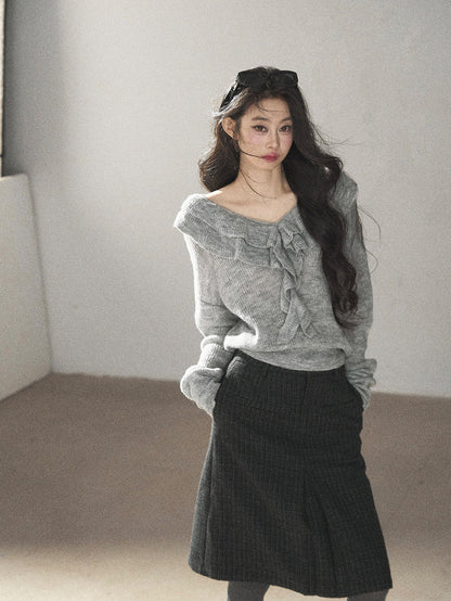 AOMALM - "A Softer Breath" Pearl Gray Ruffle V-Neck Sweater