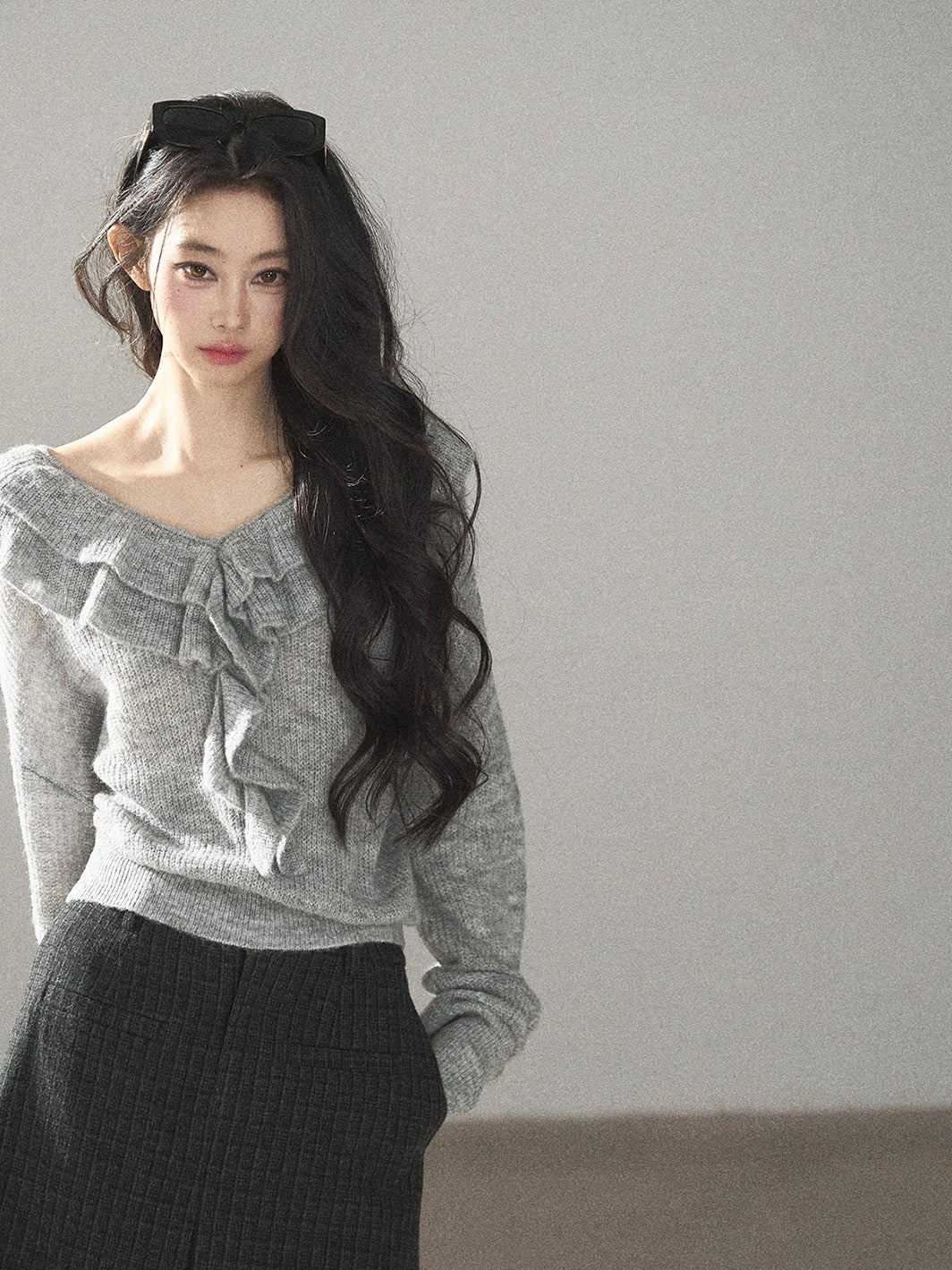 AOMALM - "A Softer Breath" Pearl Gray Ruffle V-Neck Sweater