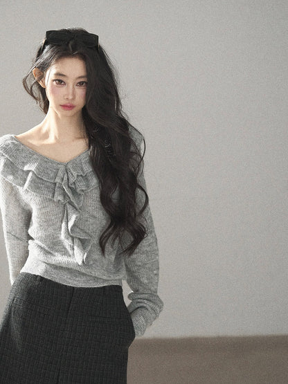 AOMALM - "A Softer Breath" Pearl Gray Ruffle V-Neck Sweater