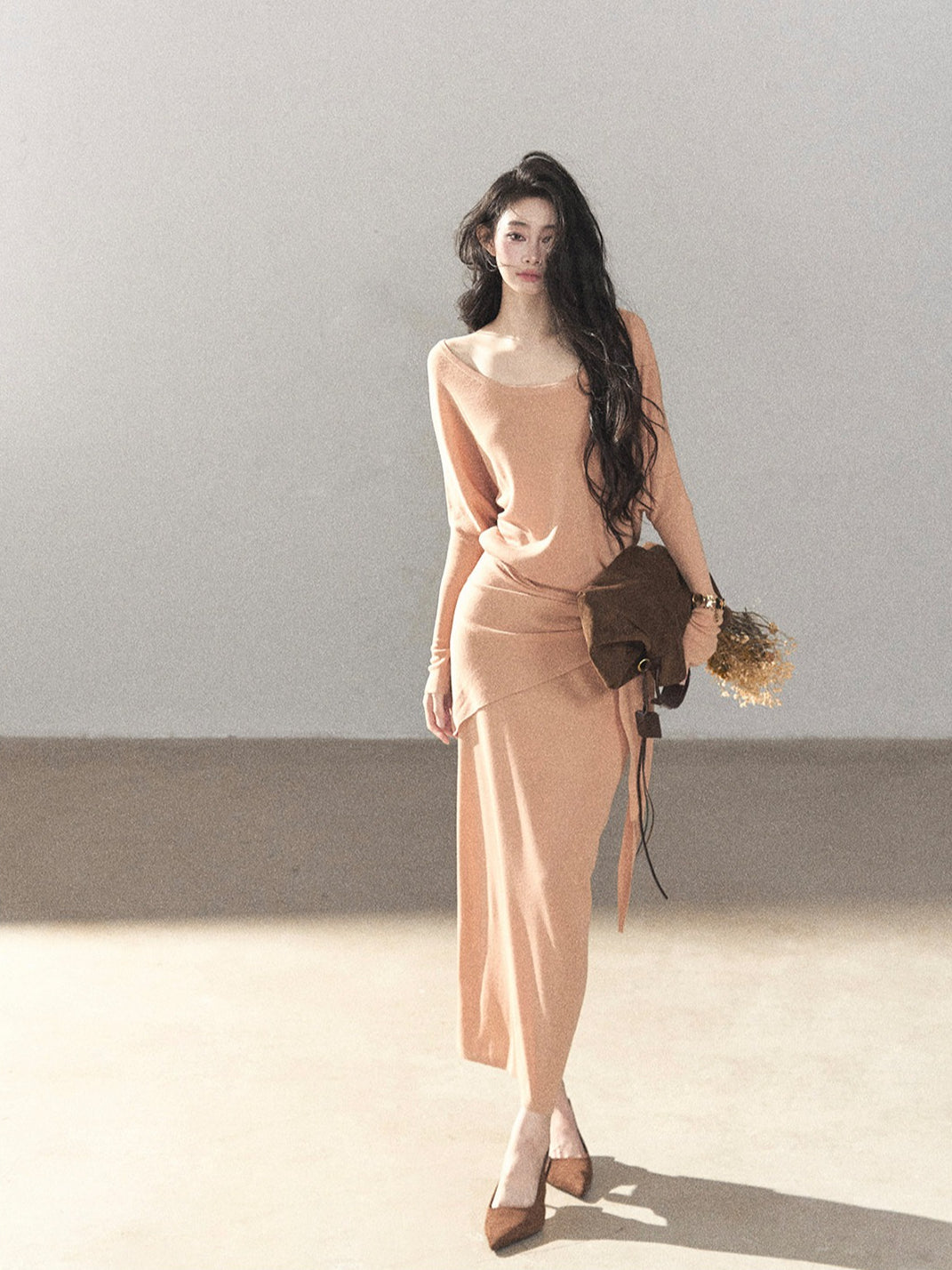 AOMALM - "Under the Sunset" Mauve Linen-Blend Mermaid Dress Set