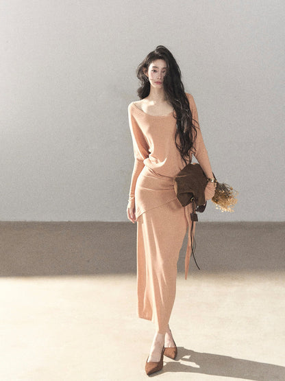 AOMALM - "Under the Sunset" Mauve Linen-Blend Mermaid Dress Set