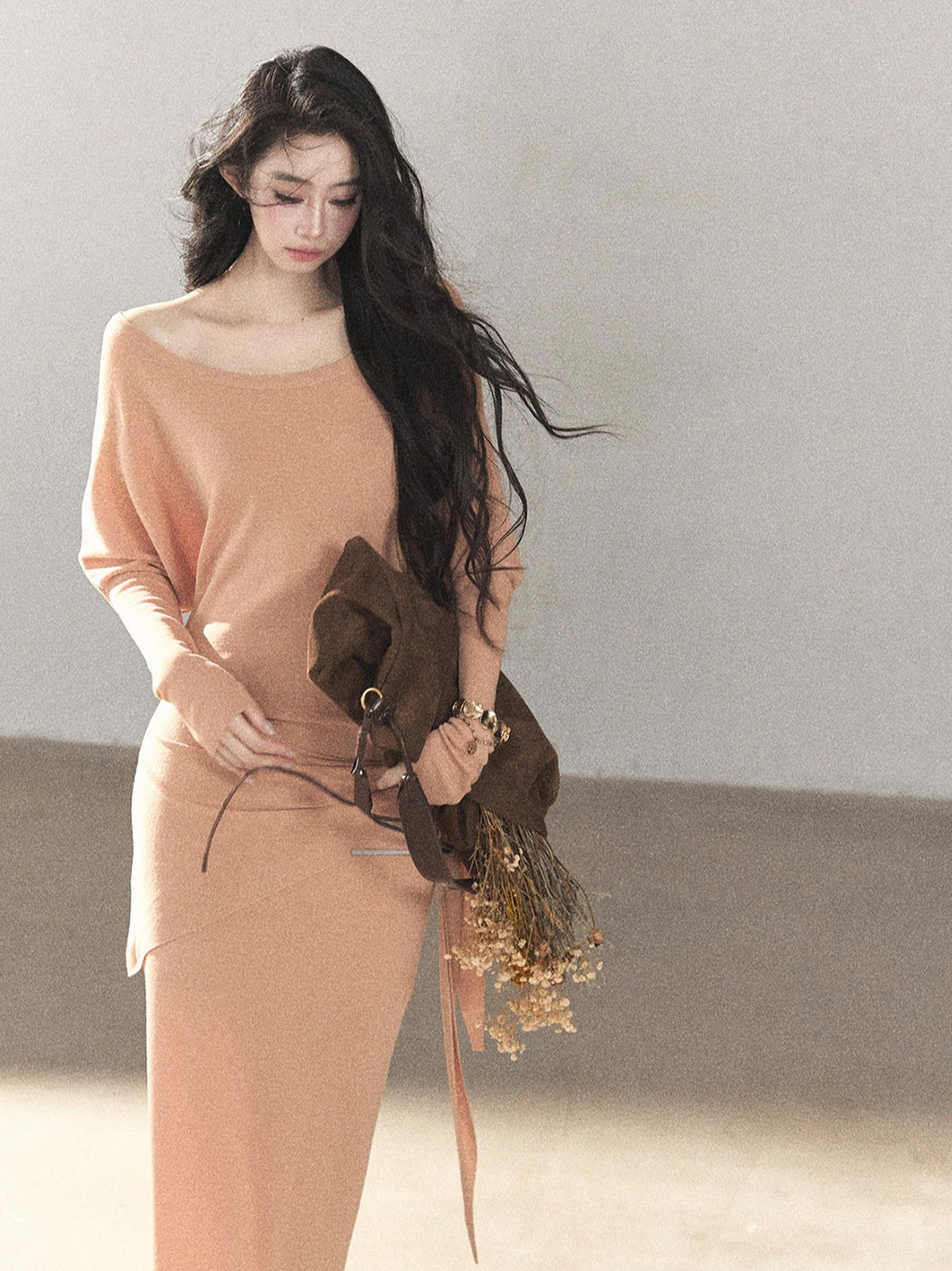 AOMALM - "Under the Sunset" Mauve Linen-Blend Mermaid Dress Set