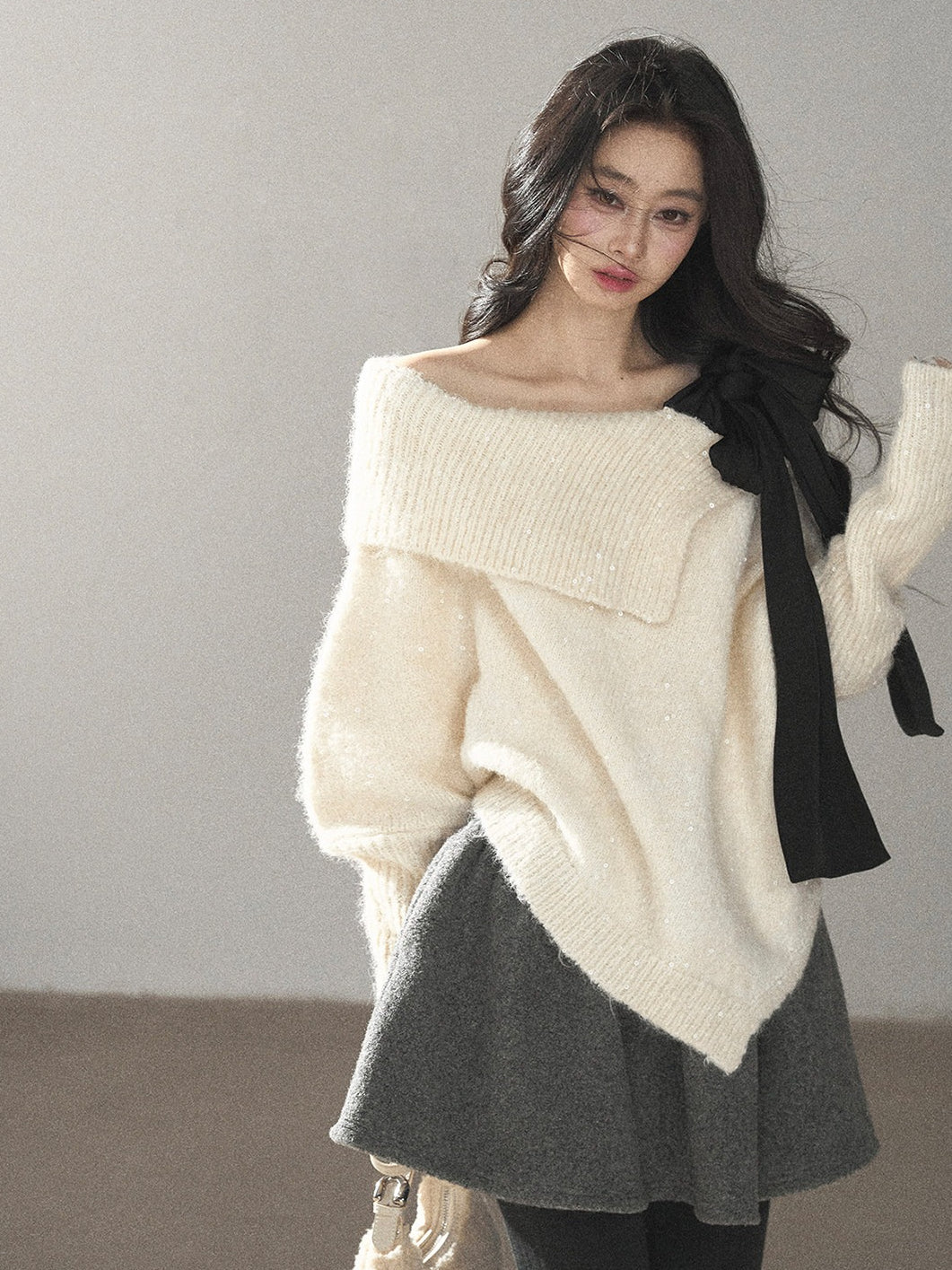AOMALM - "Starlit Reverie" Sequin Off-Shoulder Sweater with Satin Bow - Milky Beige White
