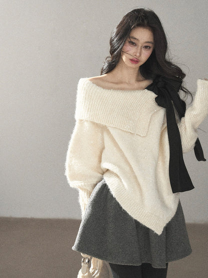 AOMALM - "Starlit Reverie" Sequin Off-Shoulder Sweater with Satin Bow - Milky Beige White