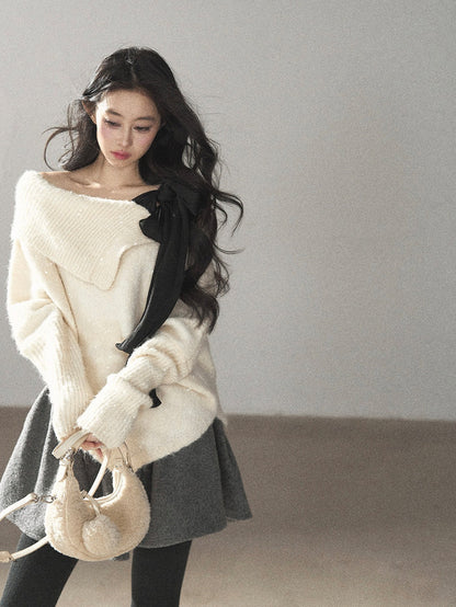 AOMALM - "Starlit Reverie" Sequin Off-Shoulder Sweater with Satin Bow - Milky Beige White