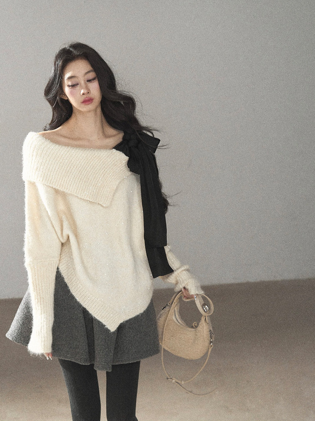 AOMALM - "Starlit Reverie" Sequin Off-Shoulder Sweater with Satin Bow - Milky Beige White