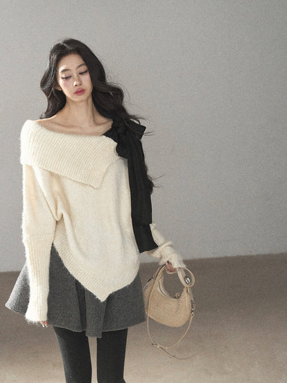 AOMALM - "Starlit Reverie" Sequin Off-Shoulder Sweater with Satin Bow - Milky Beige White