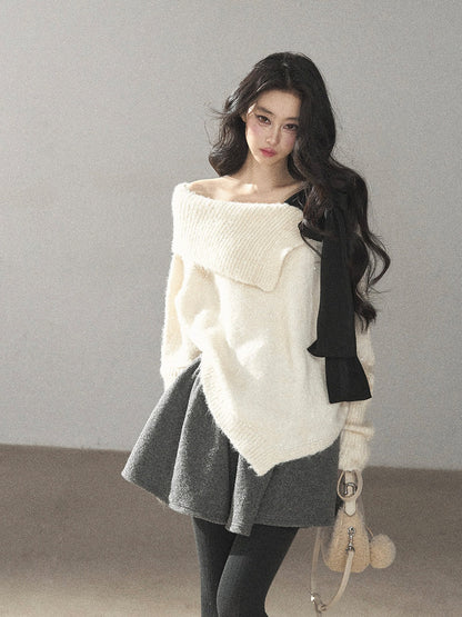 AOMALM - "Starlit Reverie" Sequin Off-Shoulder Sweater with Satin Bow - Milky Beige White