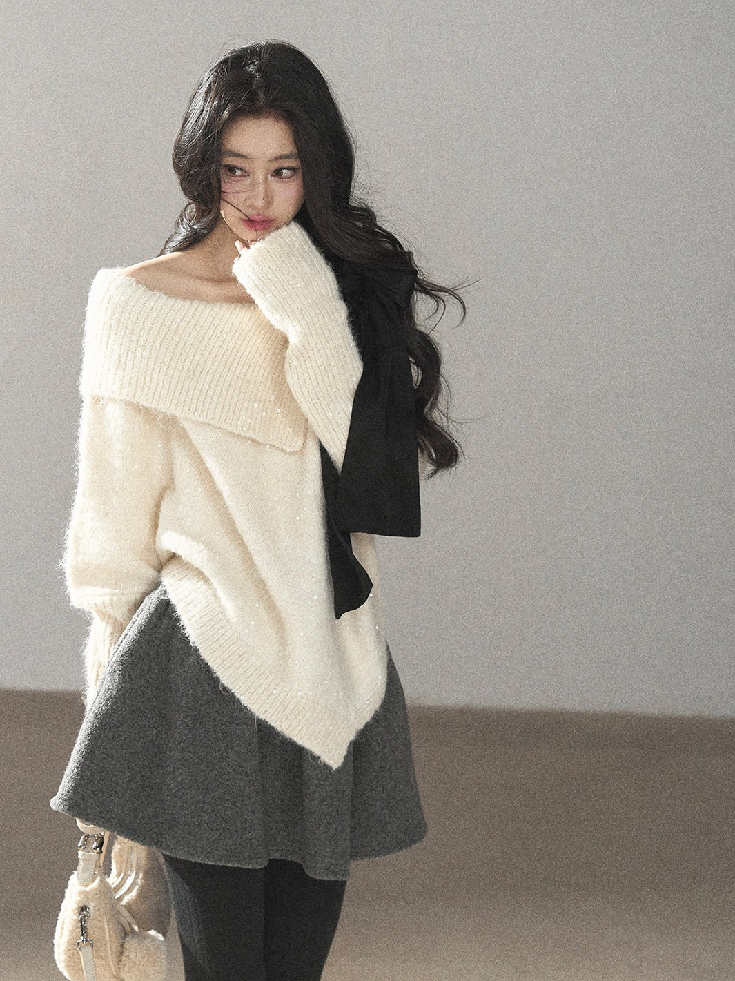 AOMALM - "Starlit Reverie" Sequin Off-Shoulder Sweater with Satin Bow - Milky Beige White
