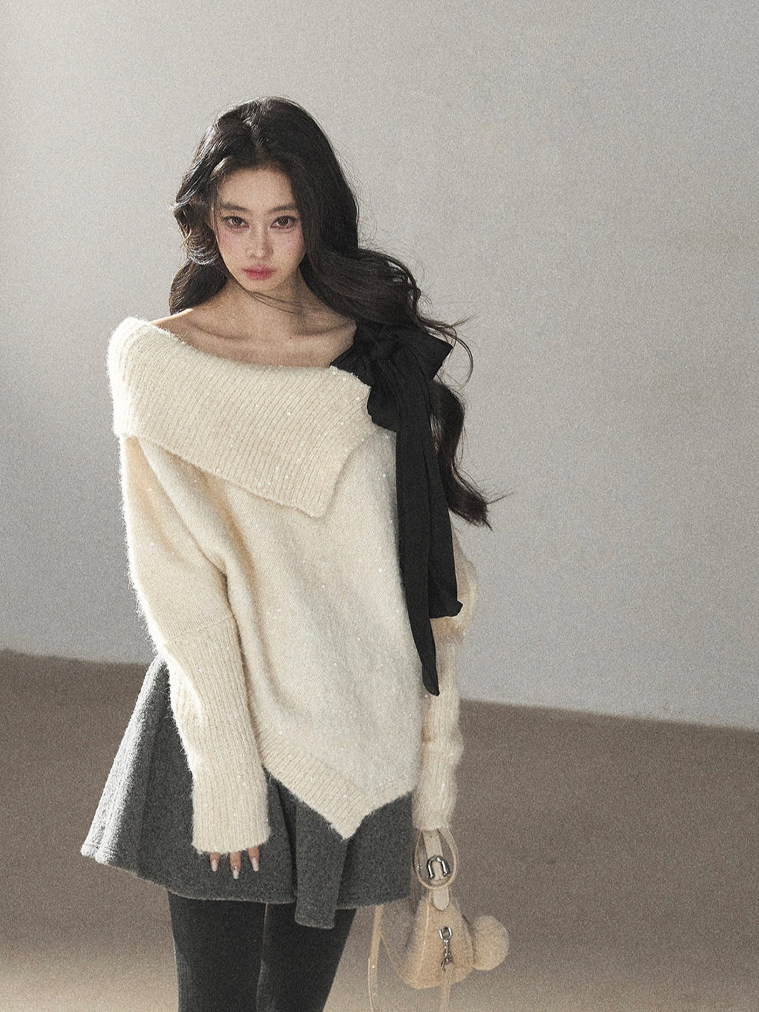 AOMALM - "Starlit Reverie" Sequin Off-Shoulder Sweater with Satin Bow - Milky Beige White