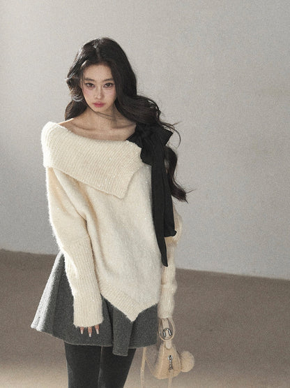 AOMALM - "Starlit Reverie" Sequin Off-Shoulder Sweater with Satin Bow - Milky Beige White