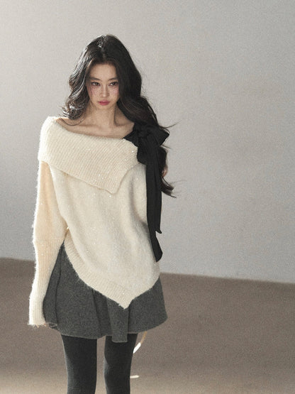 AOMALM - "Starlit Reverie" Sequin Off-Shoulder Sweater with Satin Bow - Milky Beige White
