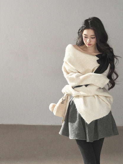 AOMALM - "Starlit Reverie" Sequin Off-Shoulder Sweater with Satin Bow - Milky Beige White