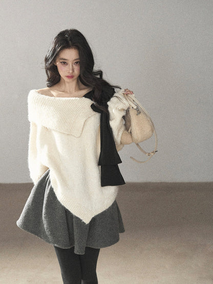 AOMALM - "Starlit Reverie" Sequin Off-Shoulder Sweater with Satin Bow - Milky Beige White