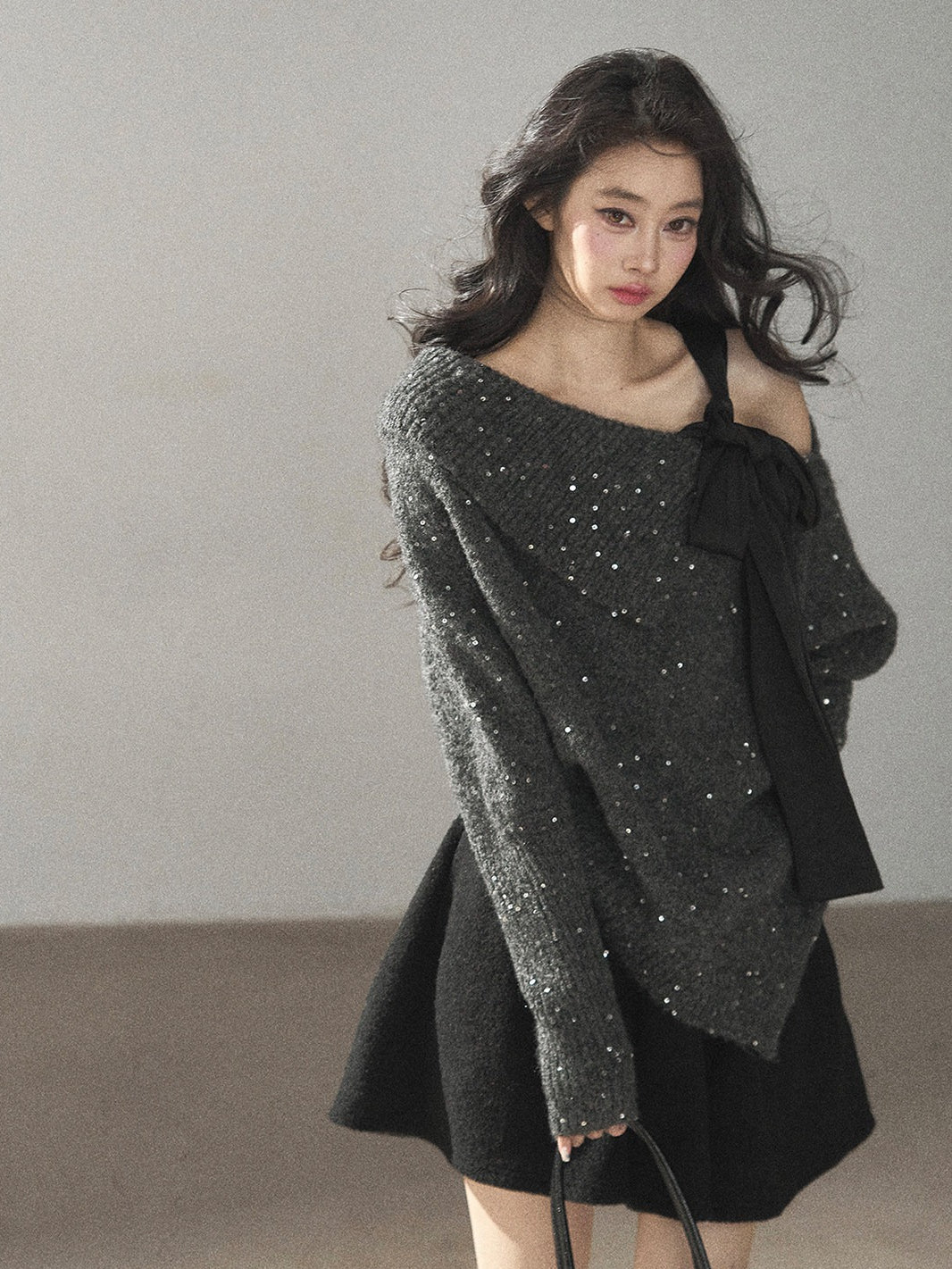 AOMALM - "Starlit Reverie" Sequin Off-Shoulder Sweater with Satin Bow - Paris Gray