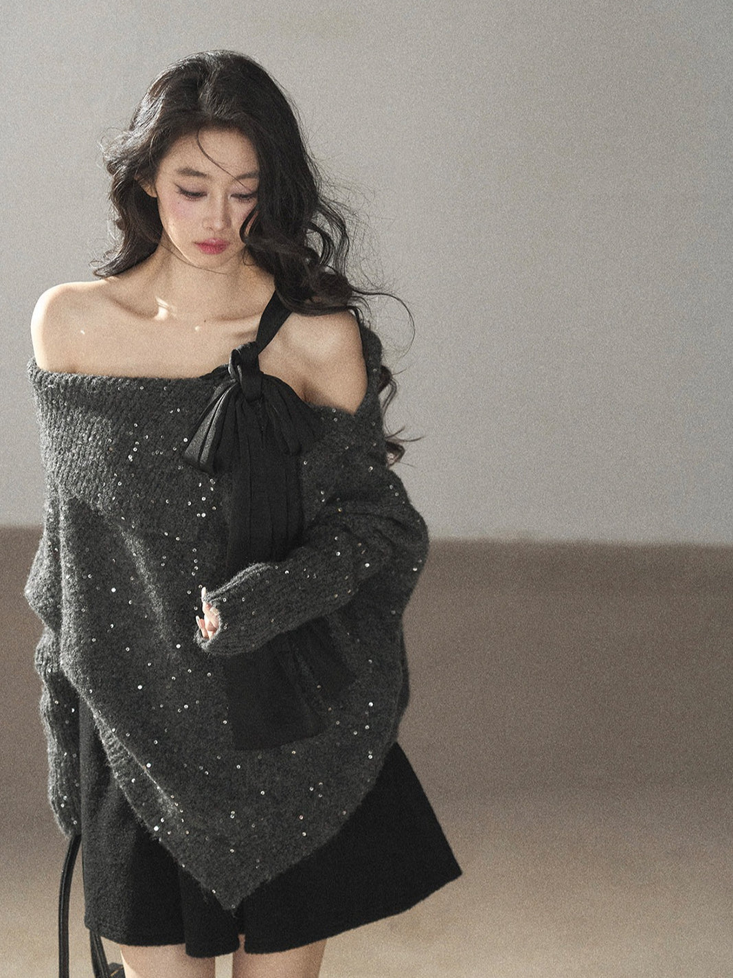 AOMALM - "Starlit Reverie" Sequin Off-Shoulder Sweater with Satin Bow - Paris Gray