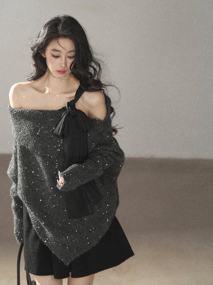AOMALM - "Starlit Reverie" Sequin Off-Shoulder Sweater with Satin Bow - Paris Gray