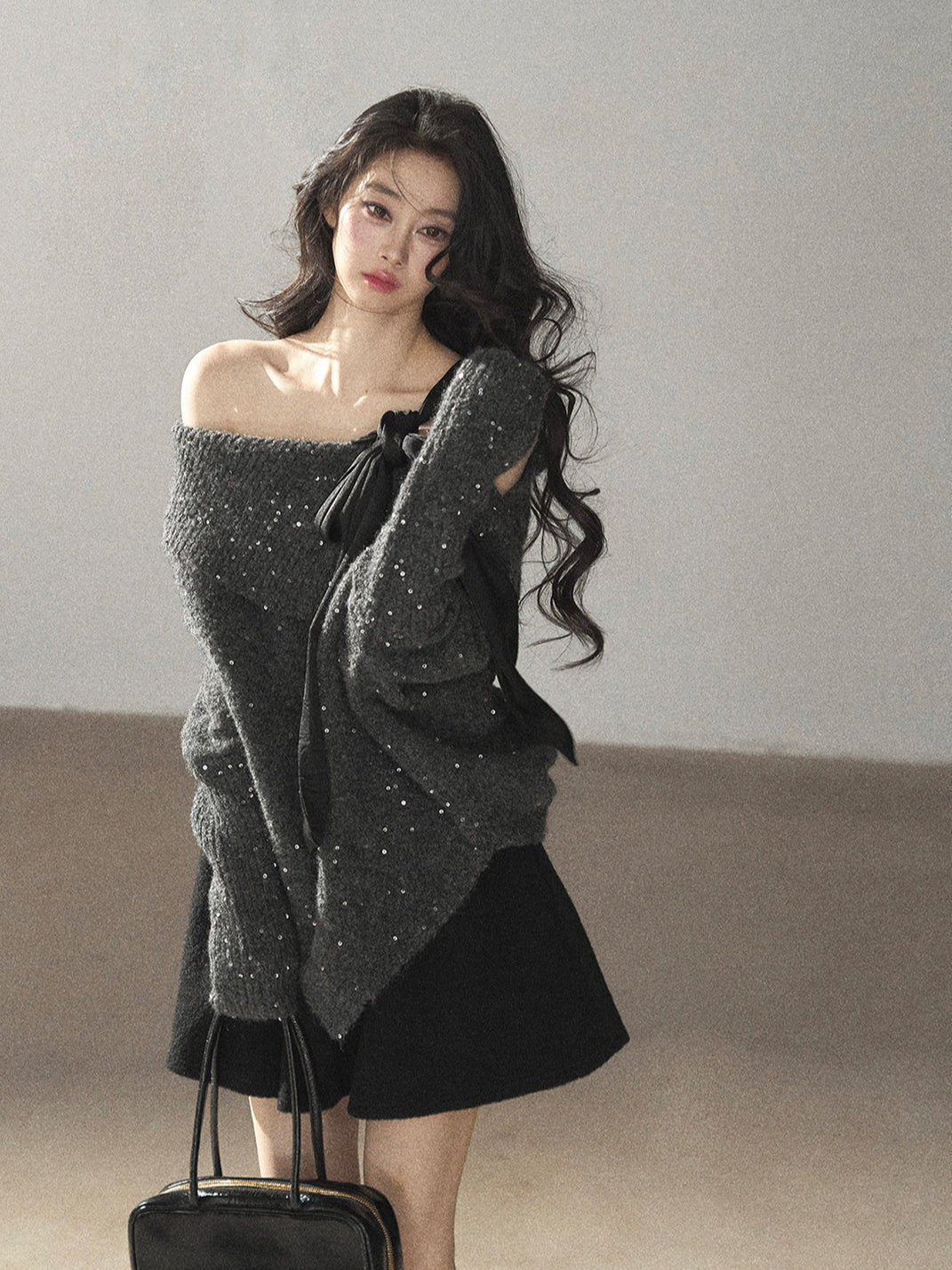AOMALM - "Starlit Reverie" Sequin Off-Shoulder Sweater with Satin Bow - Paris Gray