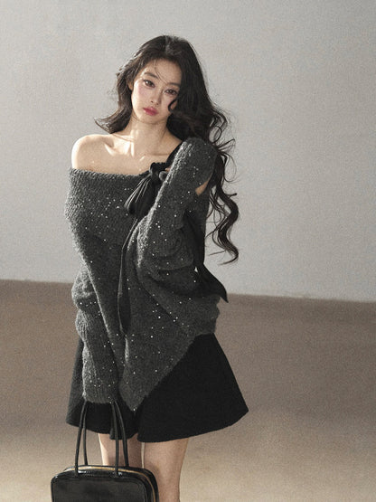 AOMALM - "Starlit Reverie" Sequin Off-Shoulder Sweater with Satin Bow - Paris Gray