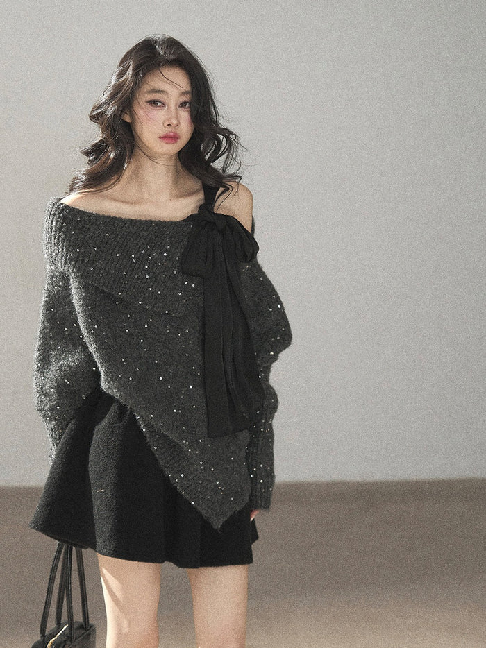 AOMALM - "Starlit Reverie" Sequin Off-Shoulder Sweater with Satin Bow - Paris Gray