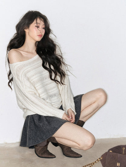 AOMALM - "Apricot Dusk" Off-Shoulder Batwing Sweater – Milky White