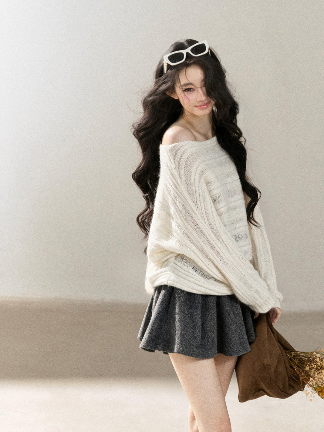 AOMALM - "Apricot Dusk" Off-Shoulder Batwing Sweater – Milky White