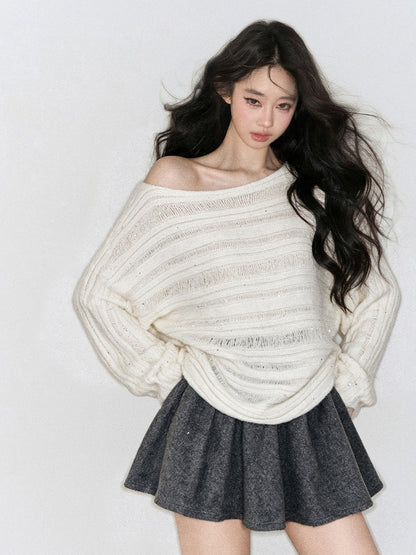 AOMALM - "Apricot Dusk" Off-Shoulder Batwing Sweater – Milky White