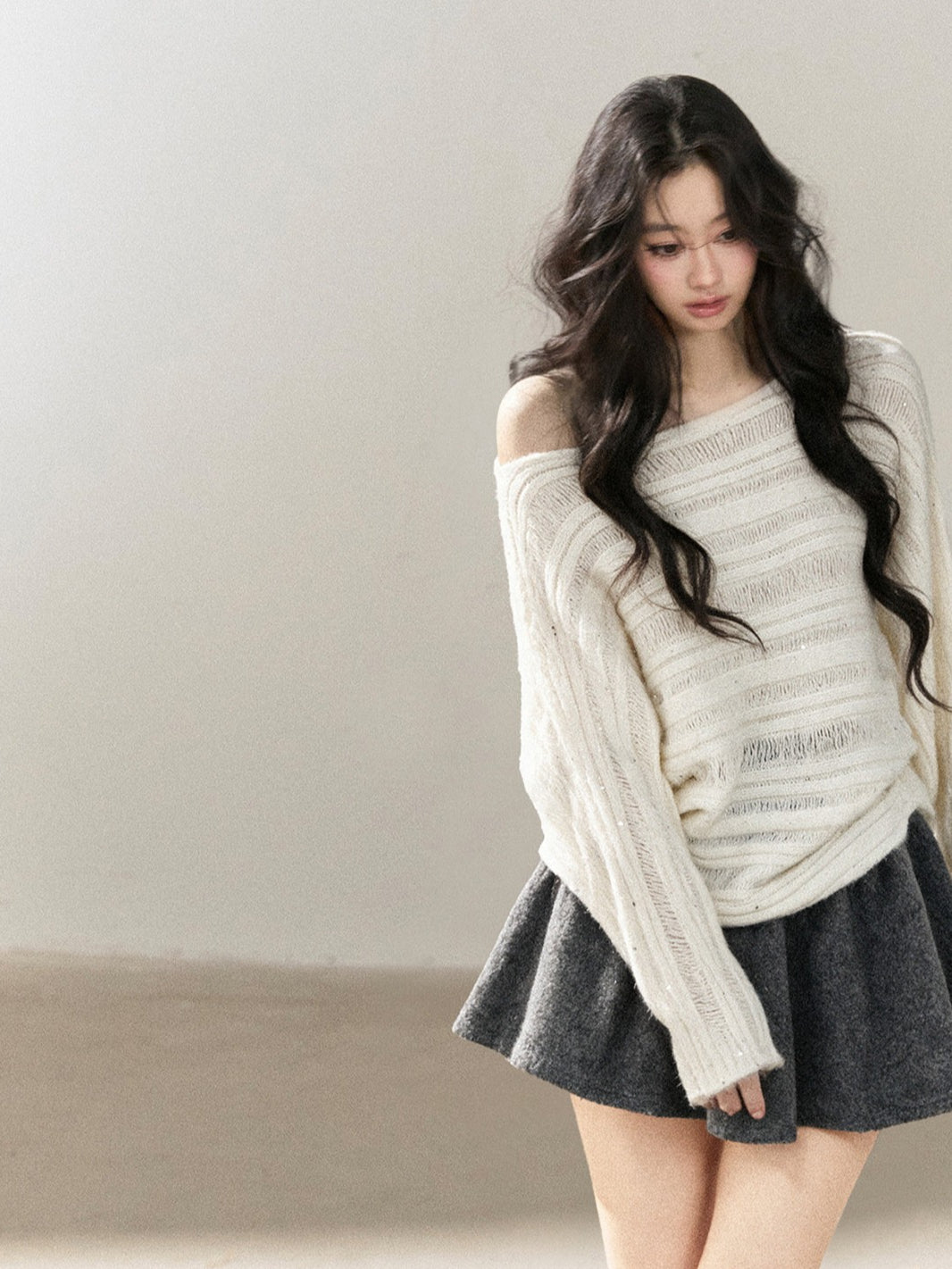 AOMALM - "Apricot Dusk" Off-Shoulder Batwing Sweater – Milky White