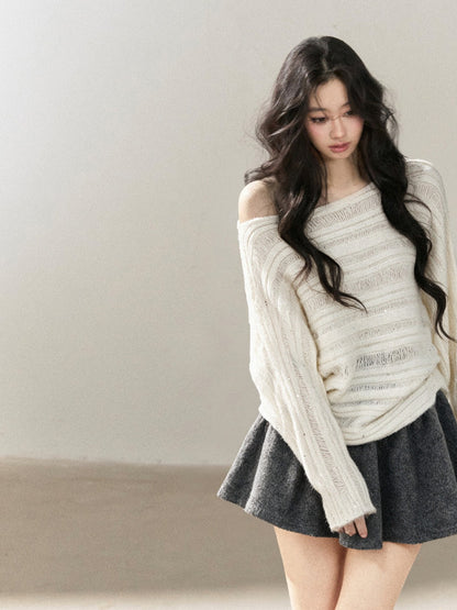 AOMALM - "Apricot Dusk" Off-Shoulder Batwing Sweater – Milky White