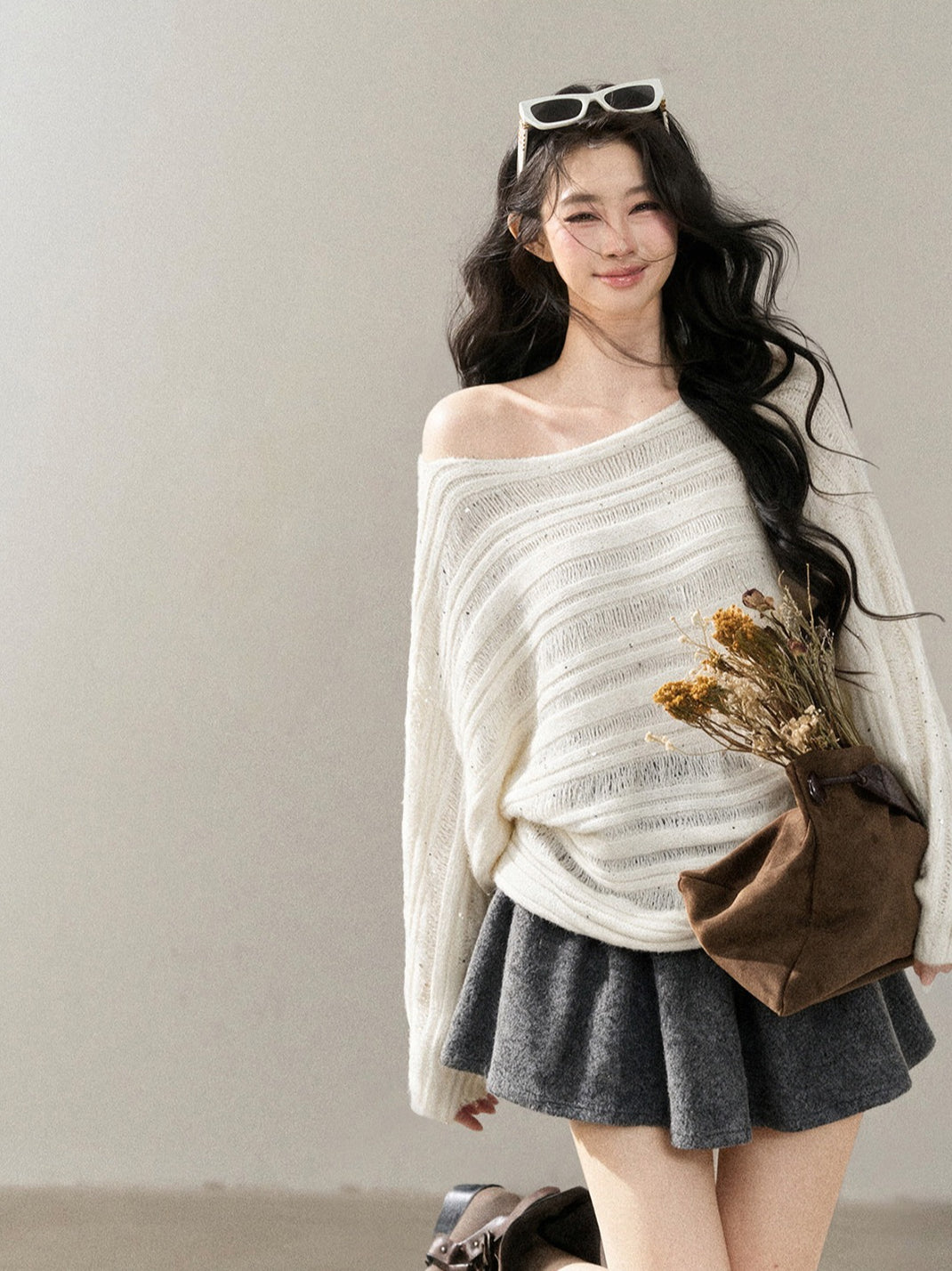AOMALM - "Apricot Dusk" Off-Shoulder Batwing Sweater – Milky White