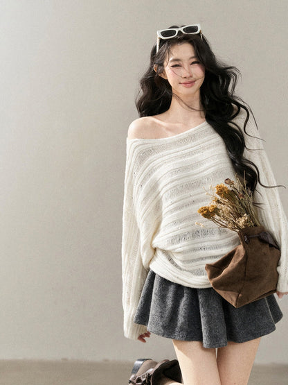 AOMALM - "Apricot Dusk" Off-Shoulder Batwing Sweater – Milky White